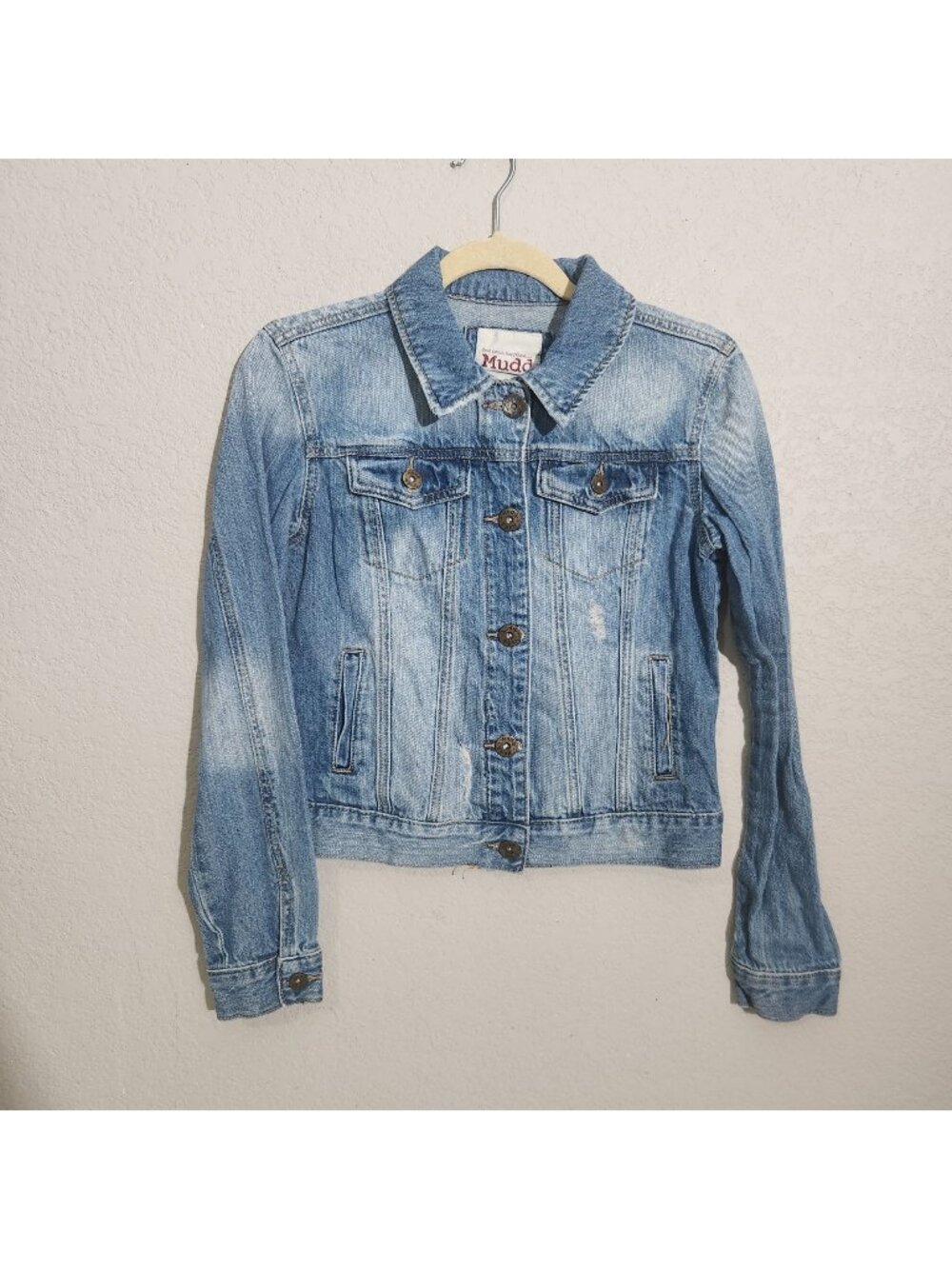 Mudd Denim Jacket Womens Size S Light Wash Distressed Casual Button Front